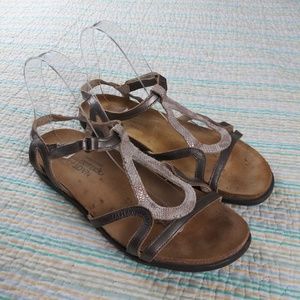 NAOT 38 Ivory Gray Dorith T-Strap Snakeskin Sandal
